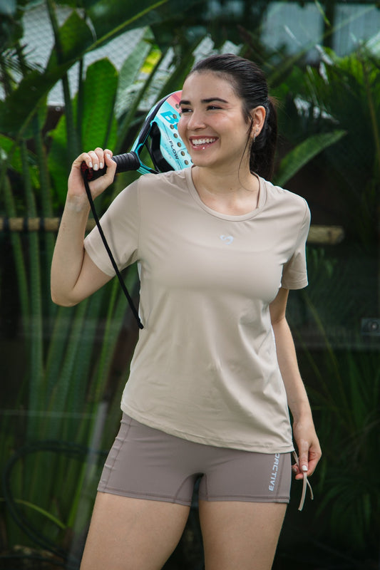 Ruched Side Mesh Back Tee Sand