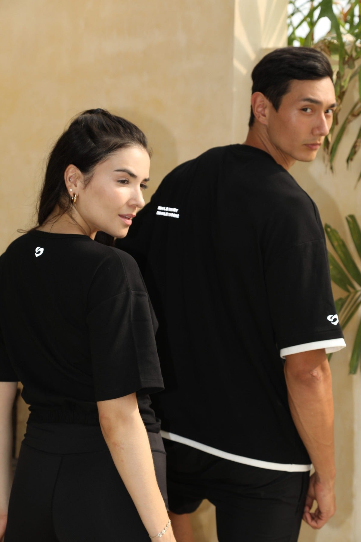 Women's Crop Knot Tee Black & Men's Oversized Tee