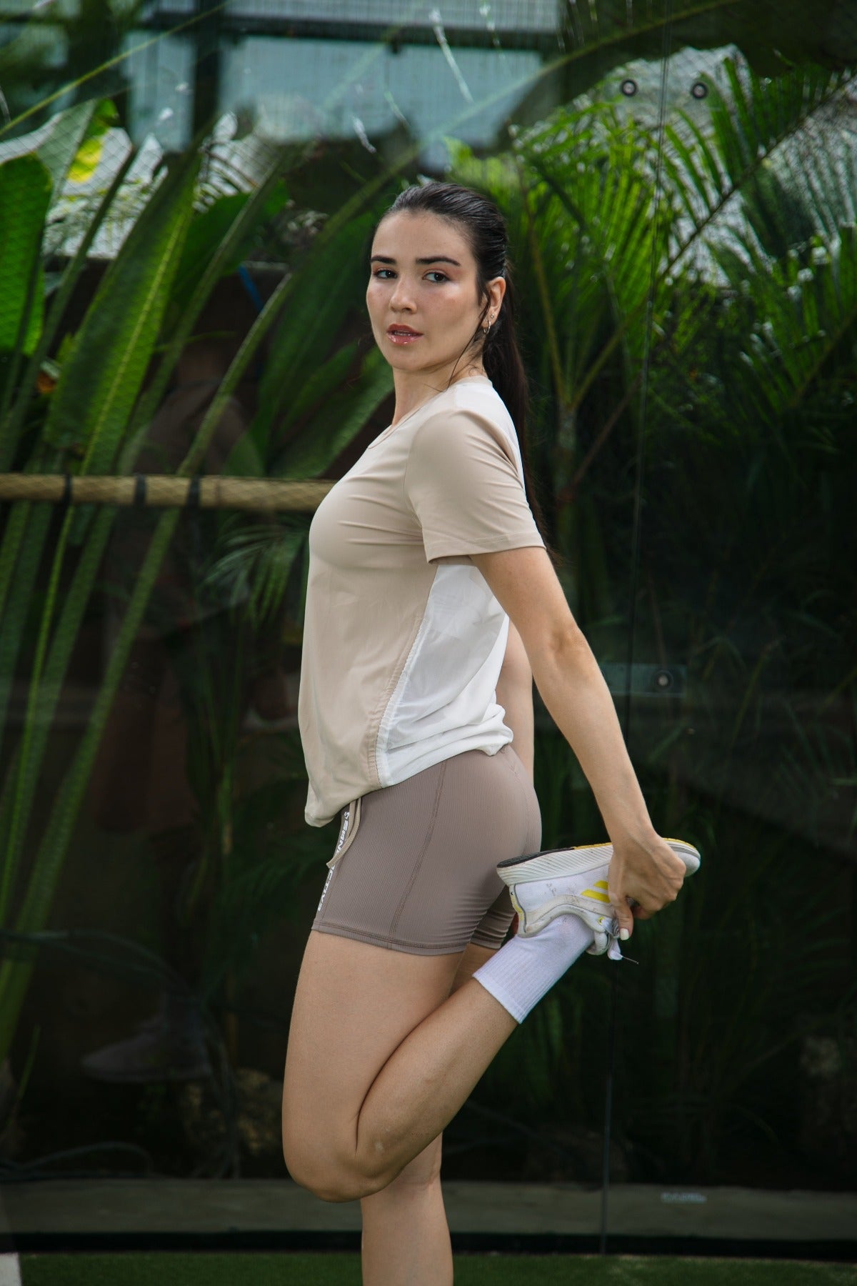 Ruched Side Mesh Back Tee Sand