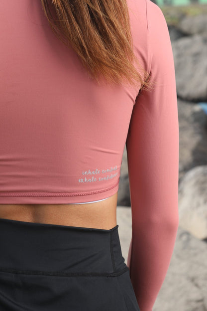 Long Sleeve Padded Crop Top Pink Back with slogan