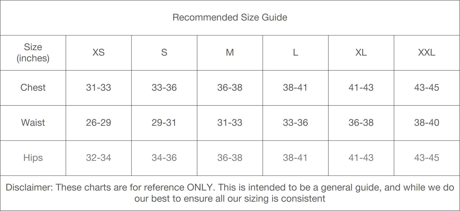 Size chart for clothing with measurements in inches for chest, waist, and hips.