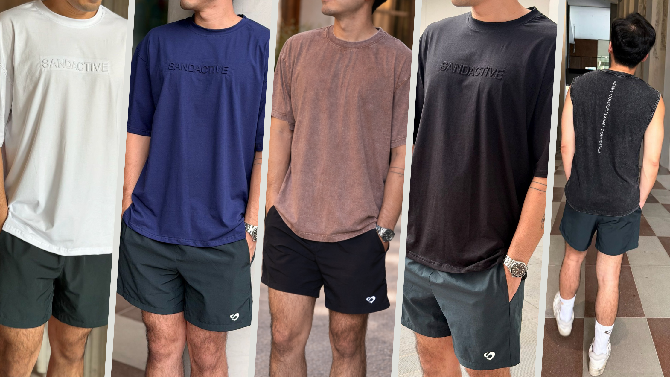 Five different men wearing athletic clothing with a brand logo.