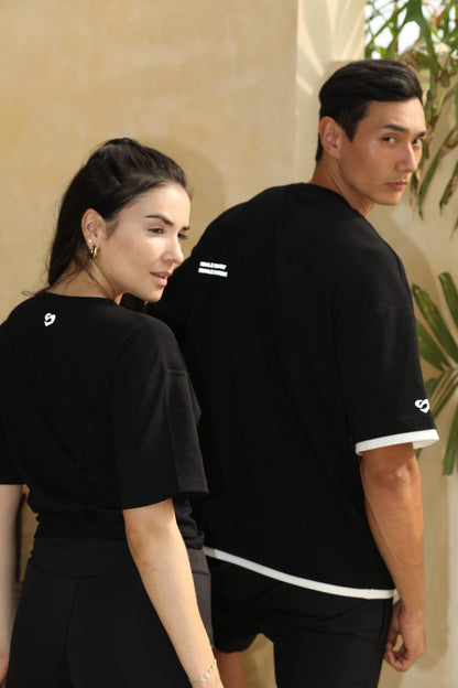 Women's Crop Knot Tee Black & Men's Oversized Tee